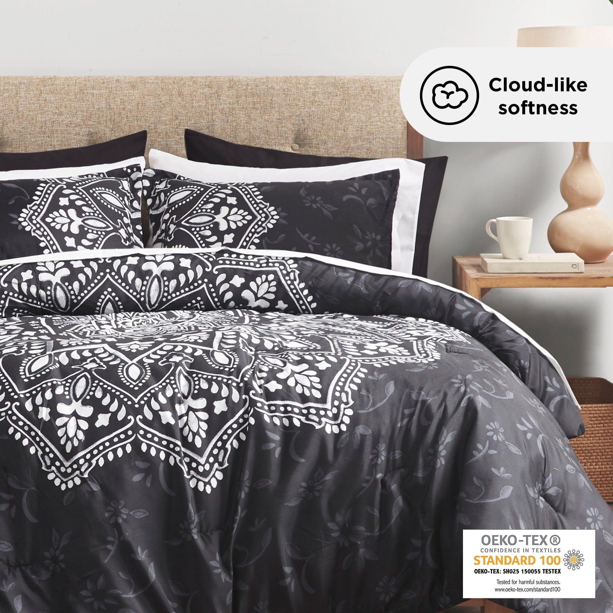 All-Season Queen Comforter Set, Bedding Comforter Set Queen Size W/ Side Pockets, Black, 9 Pieces - Hypoallergenic Ultra-Fluffy Quilt for Winter Detail