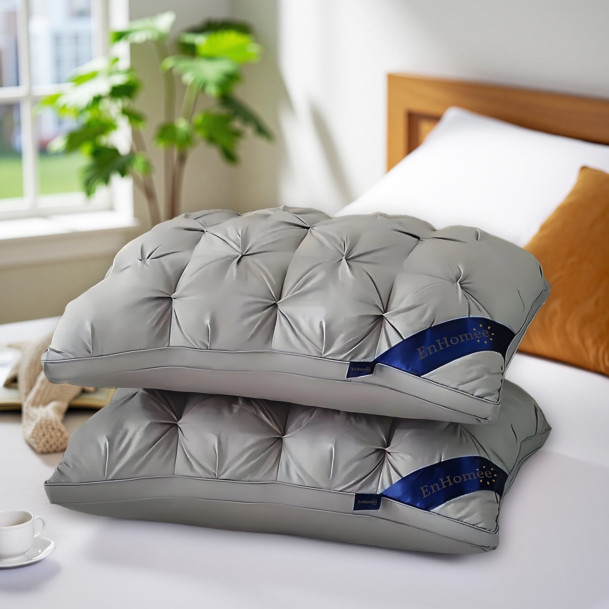Hotel Collection 2-Pack Luxurious Hotel-Quality ,Resistant to Flattening, All-Season,Gray - Ergonomic Memory Foam Pillow for Neck Pain Support Detail
