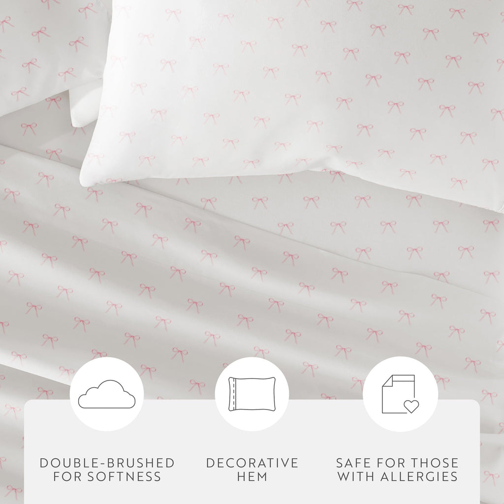 Premium Egyptian Cotton 3 Piece Ditsy Pattern Microfiber Bed Sheets, Pink Bows, Twin-XL - Breathable Egyptian Cotton Flat & Fitted Sheets Detail