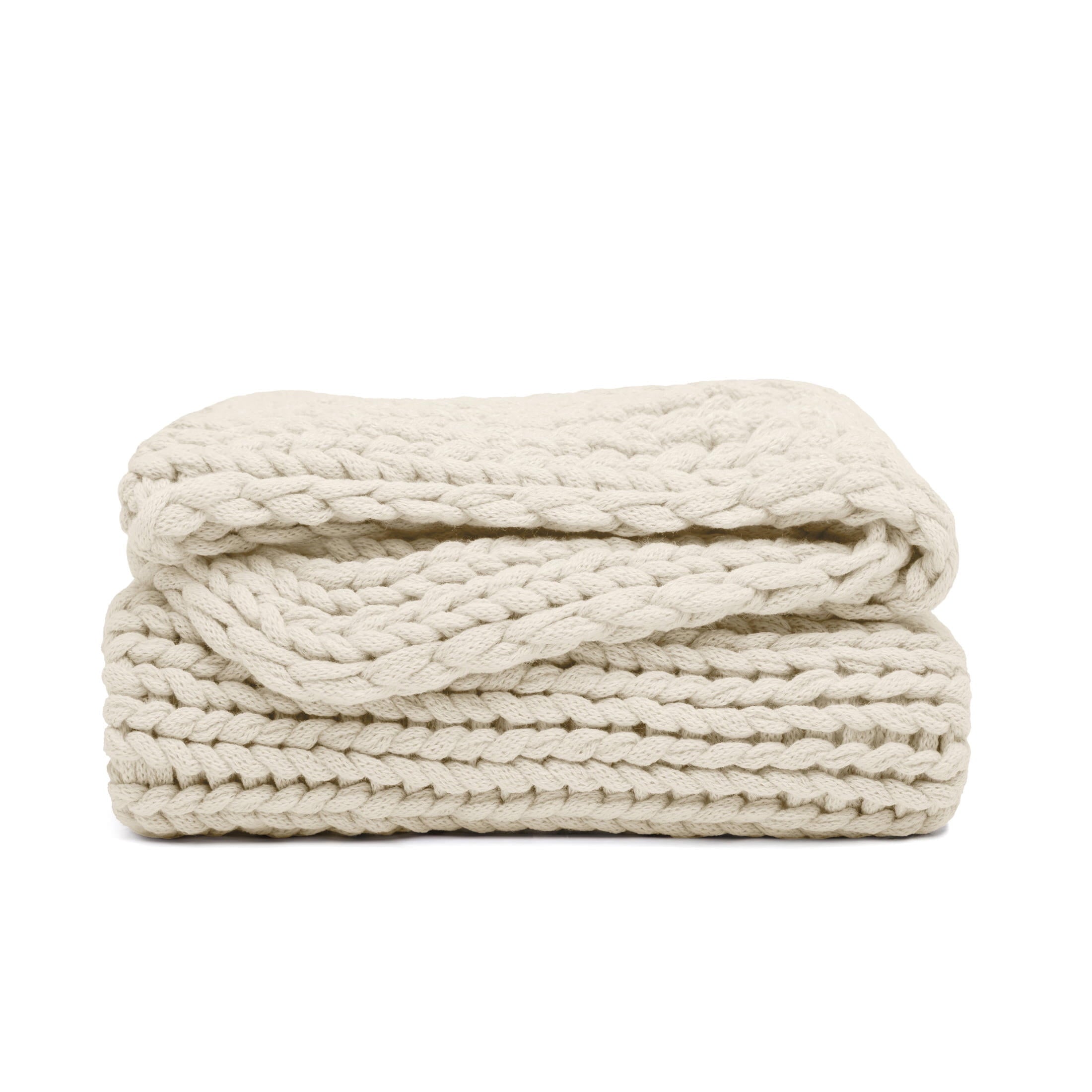 Cozy Fleece Soft & Cozy Chunky Hand-Knit Throw Blanket, Ivory - Luxury Knitted Decorative Throw Blanket with Fringes Detail