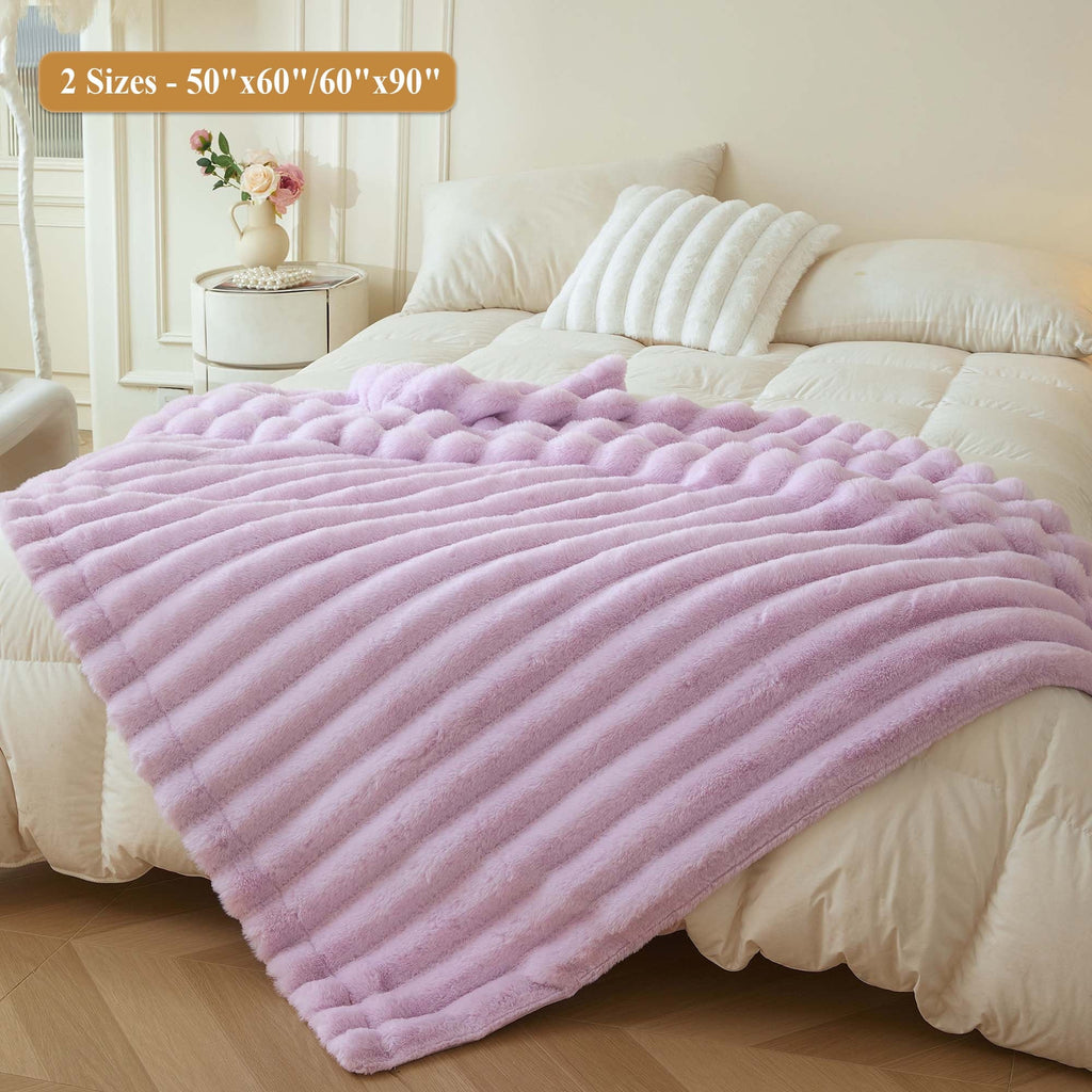 Decorative Knitted Fluffy Faux Rabbit Fur Throw, Cozy Wide Stripe Plush Fuzzy Blanket for Bed Couch Sofa Chair, Light Purple Shaggy Thro... - Lightweight Plush Warm Blanket for All Seasons Detail