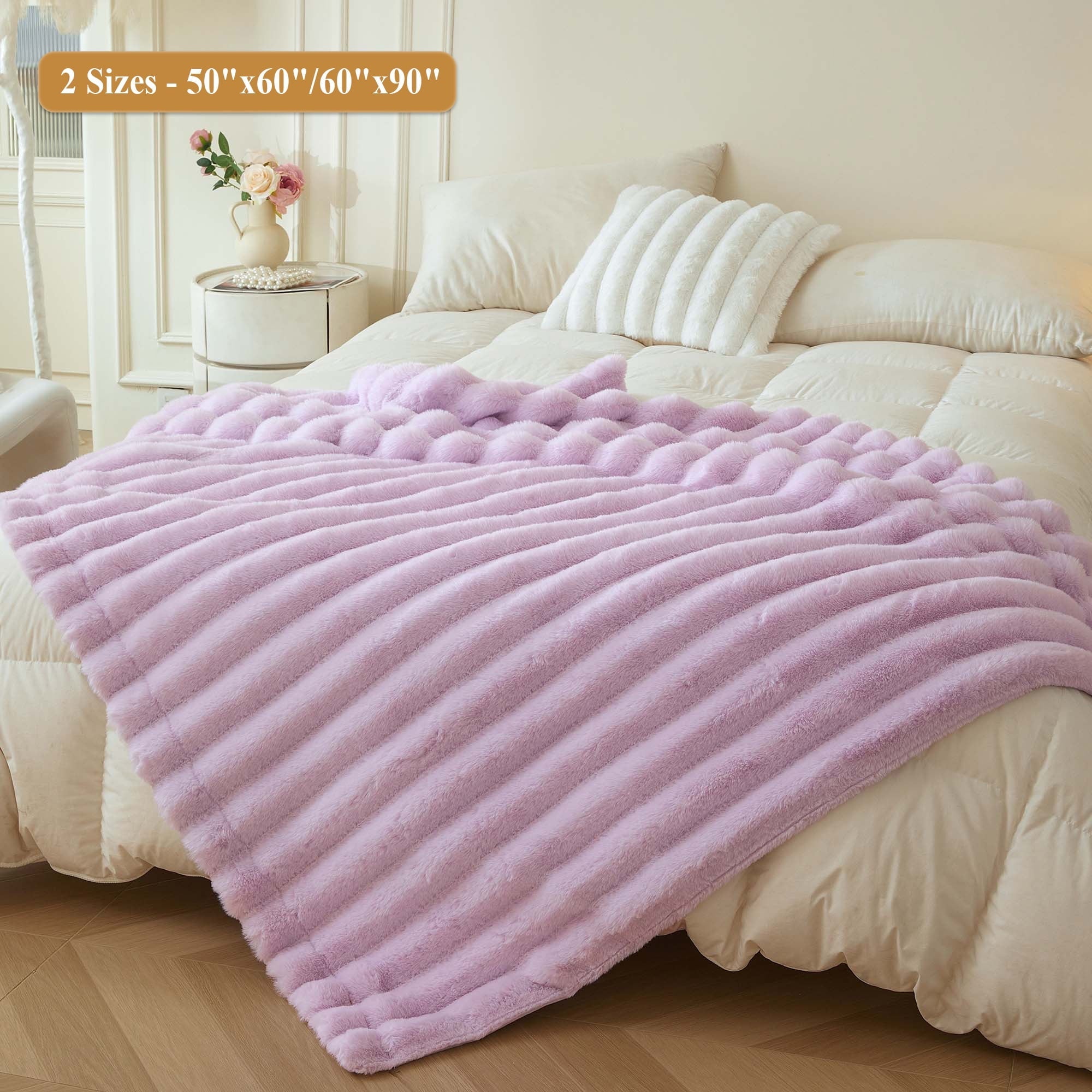 Decorative Knitted Fluffy Faux Rabbit Fur Throw, Cozy Wide Stripe Plush Fuzzy Blanket for Bed Couch Sofa Chair, Light Purple Shaggy Thro... - Lightweight Plush Warm Blanket for All Seasons Detail