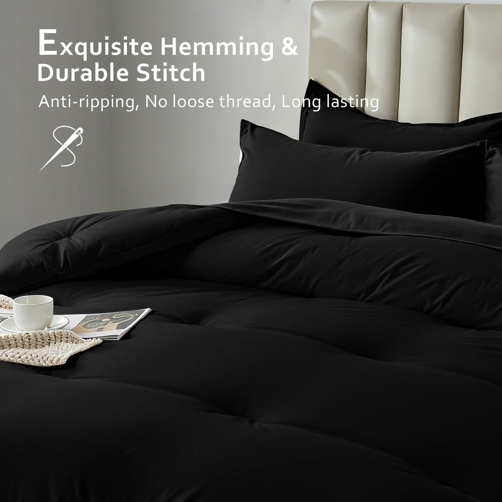 Fluffy Down Alternative 5-Piece Bed in Bag - Twin Size Comforter Sets, Pillowcases & Sheet Collection for Cozy Bedding Sets Black - Luxurious Quilted Duvet Cover Set Detail