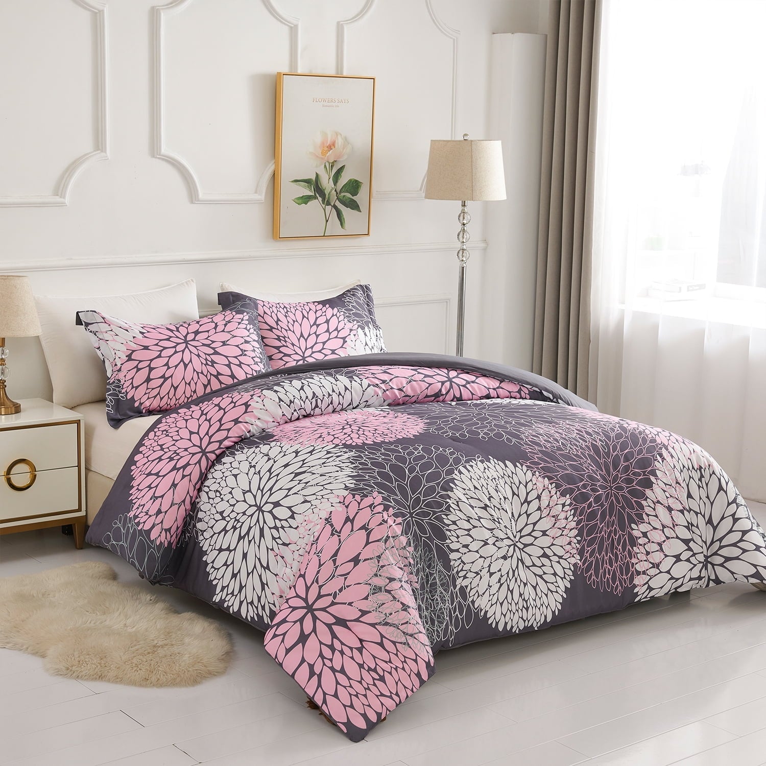 Fluffy Down Alternative 2 Pieces Pink Floral Comforter Set Twin Size, Botanical Bedding Sets with Cute Flowers Printing for Teen Girls - Luxurious Quilted Duvet Cover Set Detail