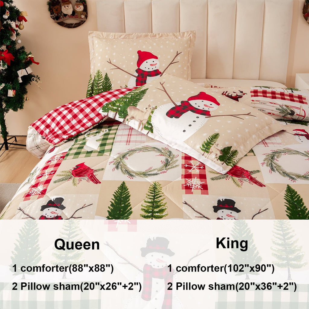 Fluffy Down Alternative 3 Pcs Christmas Comforter Set, Bed in a Bag Wreath Snowman Queen/Full Size Xmas Bedding Set Fitted Pillowcases for Adult - Hypoallergenic Ultra-Fluffy Quilt for Winter Detail