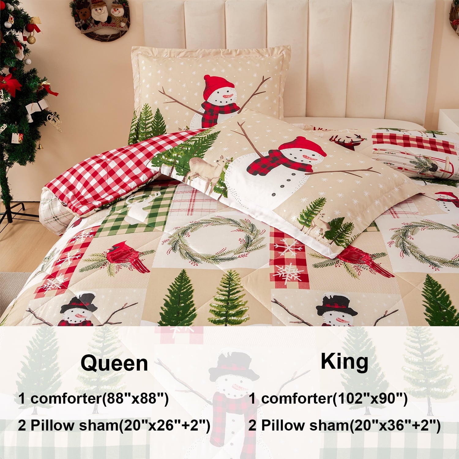 Fluffy Down Alternative 3 Pcs Christmas Comforter Set, Bed in a Bag Wreath Snowman Queen/Full Size Xmas Bedding Set Fitted Pillowcases for Adult - Hypoallergenic Ultra-Fluffy Quilt for Winter Detail
