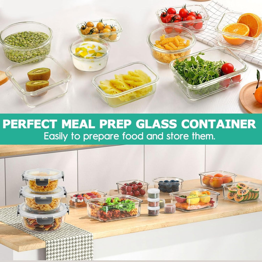 Playful Geometric 34pcs Glass Food Storage Containers with Lids Set, Airtight Meal Prep Containers (17 Containers & 17 Lids), Grey - Fun Food Fidget Cookie Squishable Toy Detail