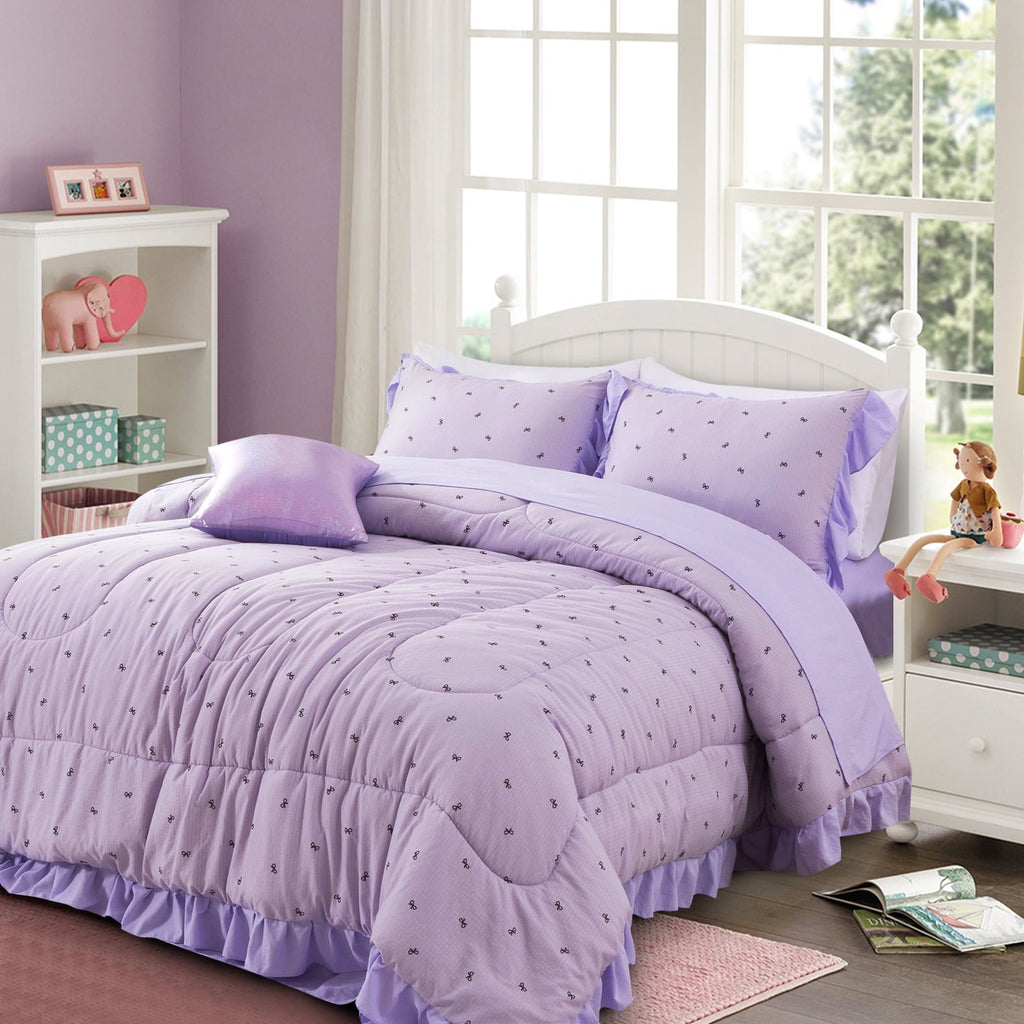 Heavyweight Warmth 6 Piece Delicate Bows Purple Bedding Set Ruffle Princess Style Comforter Set Bed in a Bag - All-Season Down Alternative Comforter Insert Detail