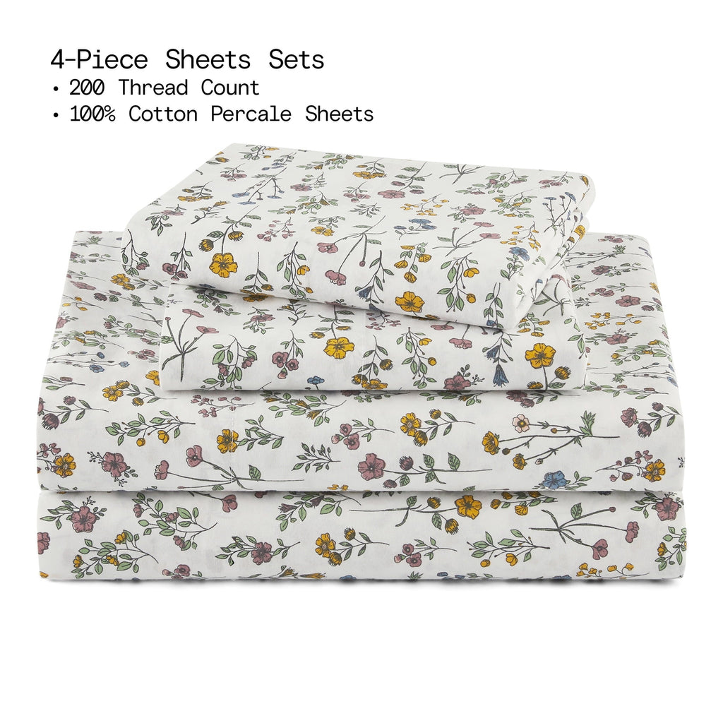 Premium Egyptian Cotton Botanical 4-Piece 100% Cotton Washed Percale White Sheet Set, Queen - Breathable Egyptian Cotton Flat & Fitted Sheets Detail