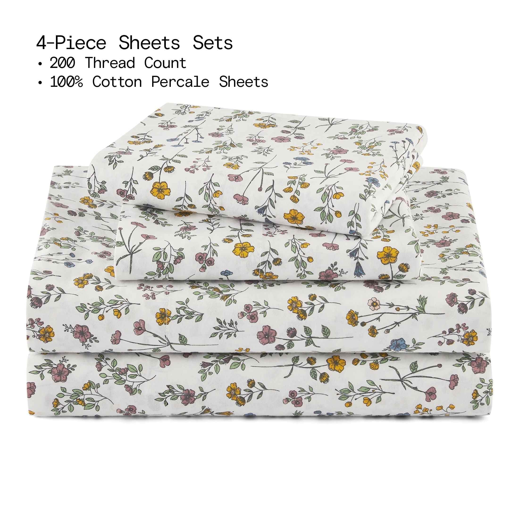 Premium Egyptian Cotton Botanical 4-Piece 100% Cotton Washed Percale White Sheet Set, Queen - Breathable Egyptian Cotton Flat & Fitted Sheets Detail