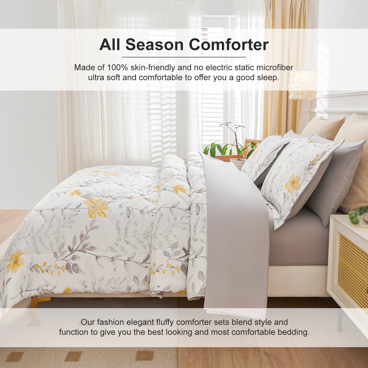 Luxurious Quilted 3 Piece Comforter Set Queen Yellow Floral Quilt Microfiber Patchwork Bedspread - Cloud-Like Soft Lightweight Bed Comforter Detail