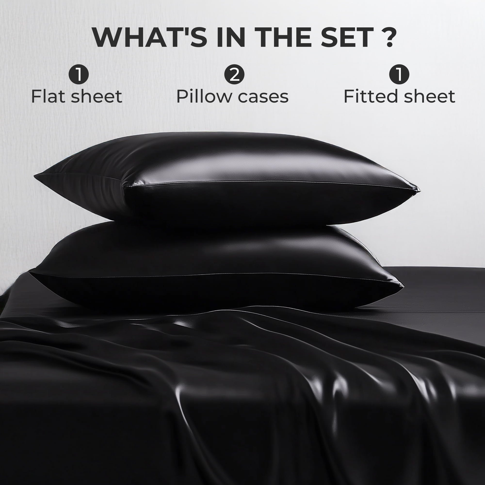 Premium Egyptian Cotton Queen Silk Black Bed Sheet Set,4 Pieces 1800 Microfiber 2 Pillowcase 20"x30" - Breathable Egyptian Cotton Flat & Fitted Sheets Detail