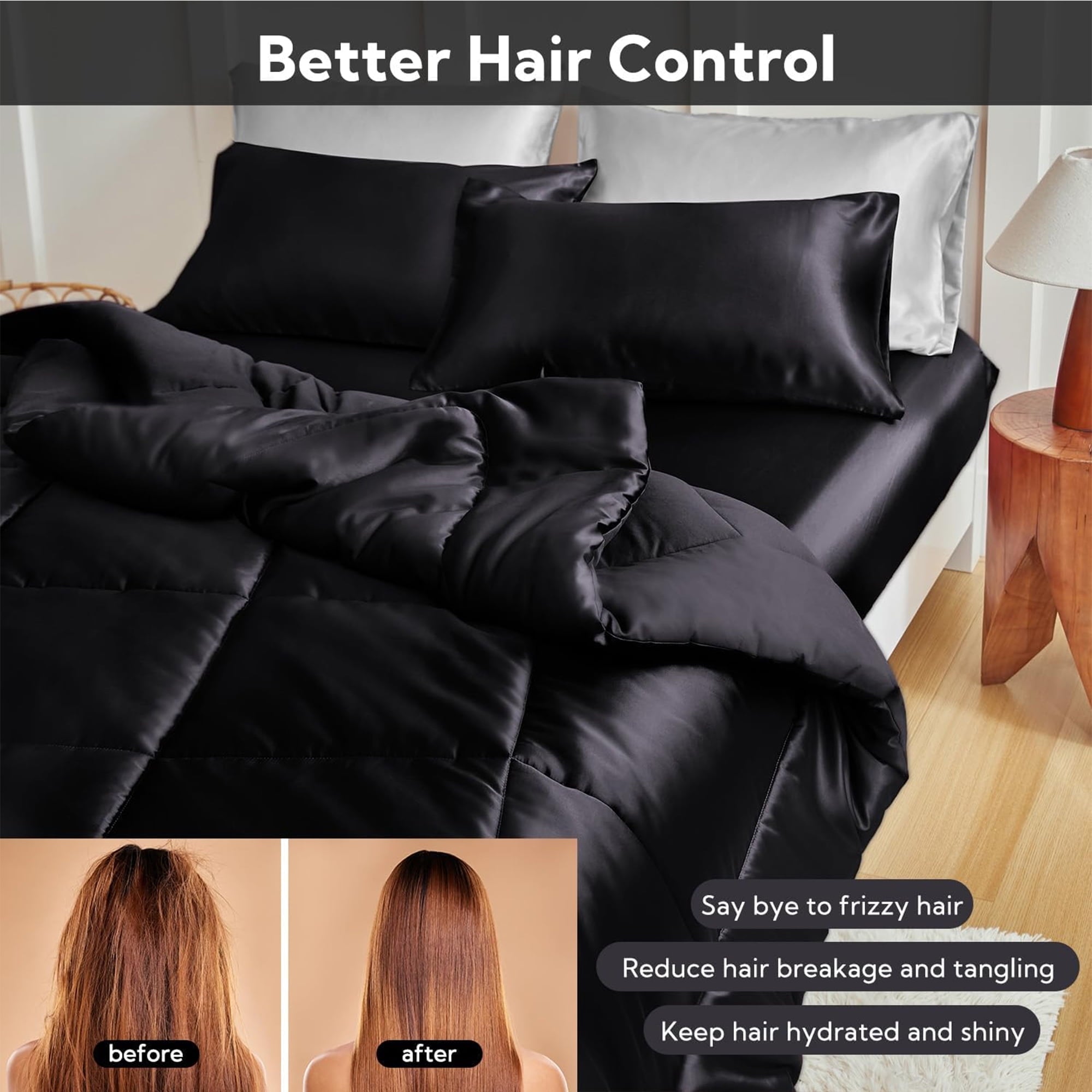 Fluffy Down Alternative Reversible Satin Microfiber Comforter 3 Pieces Queen Size, Black Queen Comforter Set for All Seasons, Silky Soft Sati... - Hypoallergenic Ultra-Fluffy Quilt for Winter Detail