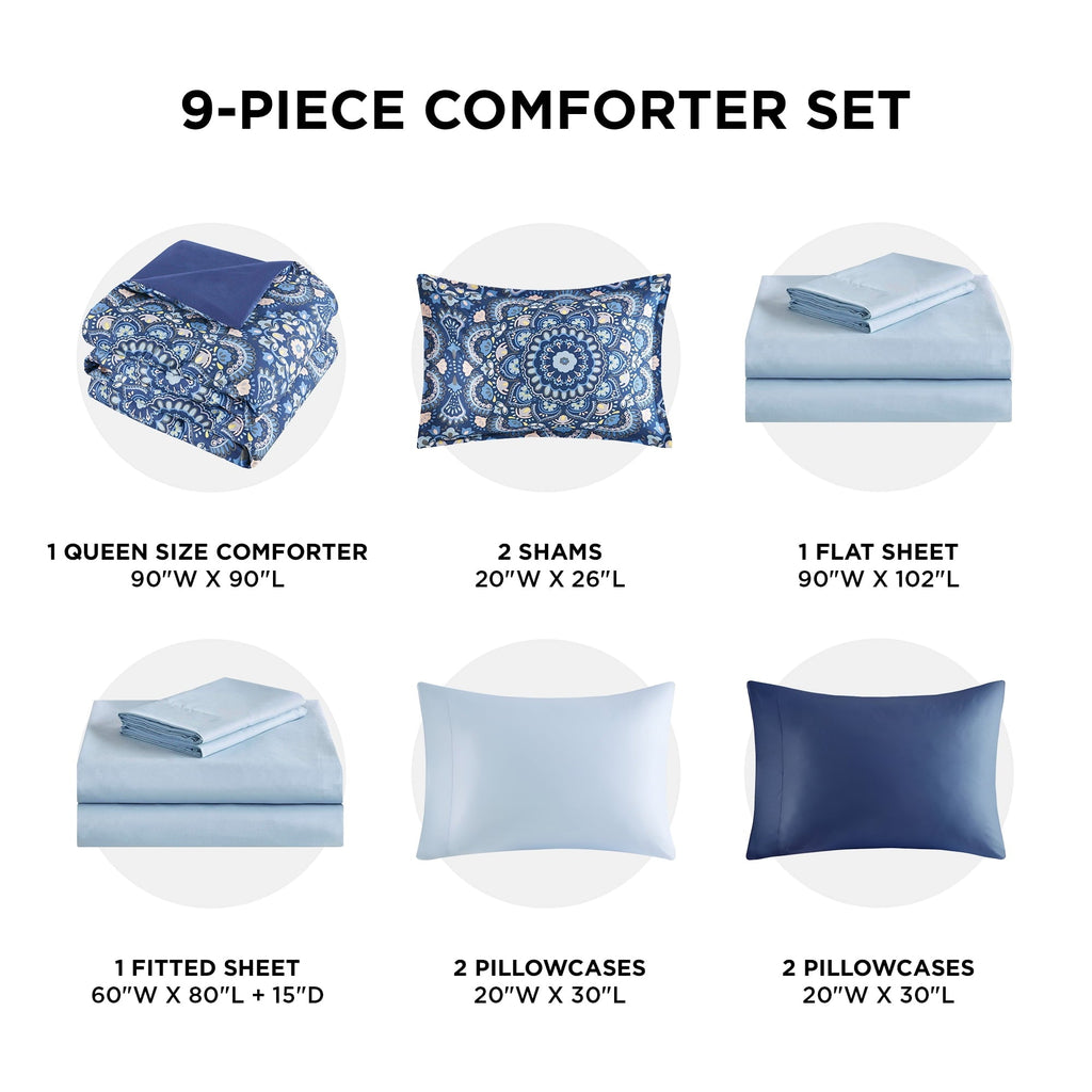 Heavyweight Warmth Queen Size Comforter Set, 9-Piece Bed in a Bag Queen, Navy Blue Bedding Comforter Set with Comforter, Flat Sheets, Fi... - All-Season Down Alternative Comforter Insert Detail