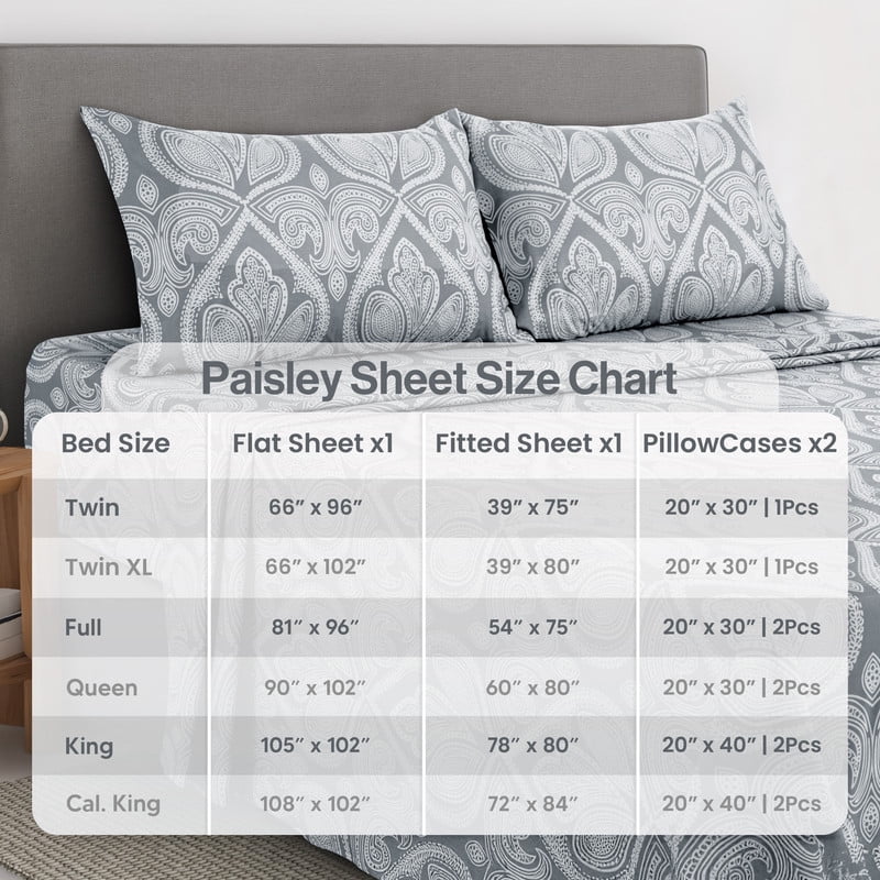 Ultra-Soft Lux Decor 4 Piece Queen Sheet Set, Brushed Microfiber Paisley Printed Bed Sheet Set with up to 16" Deep Pocket Fitted... - Premium Ultra-Soft Pillowcase Pair for Sleeping Detail