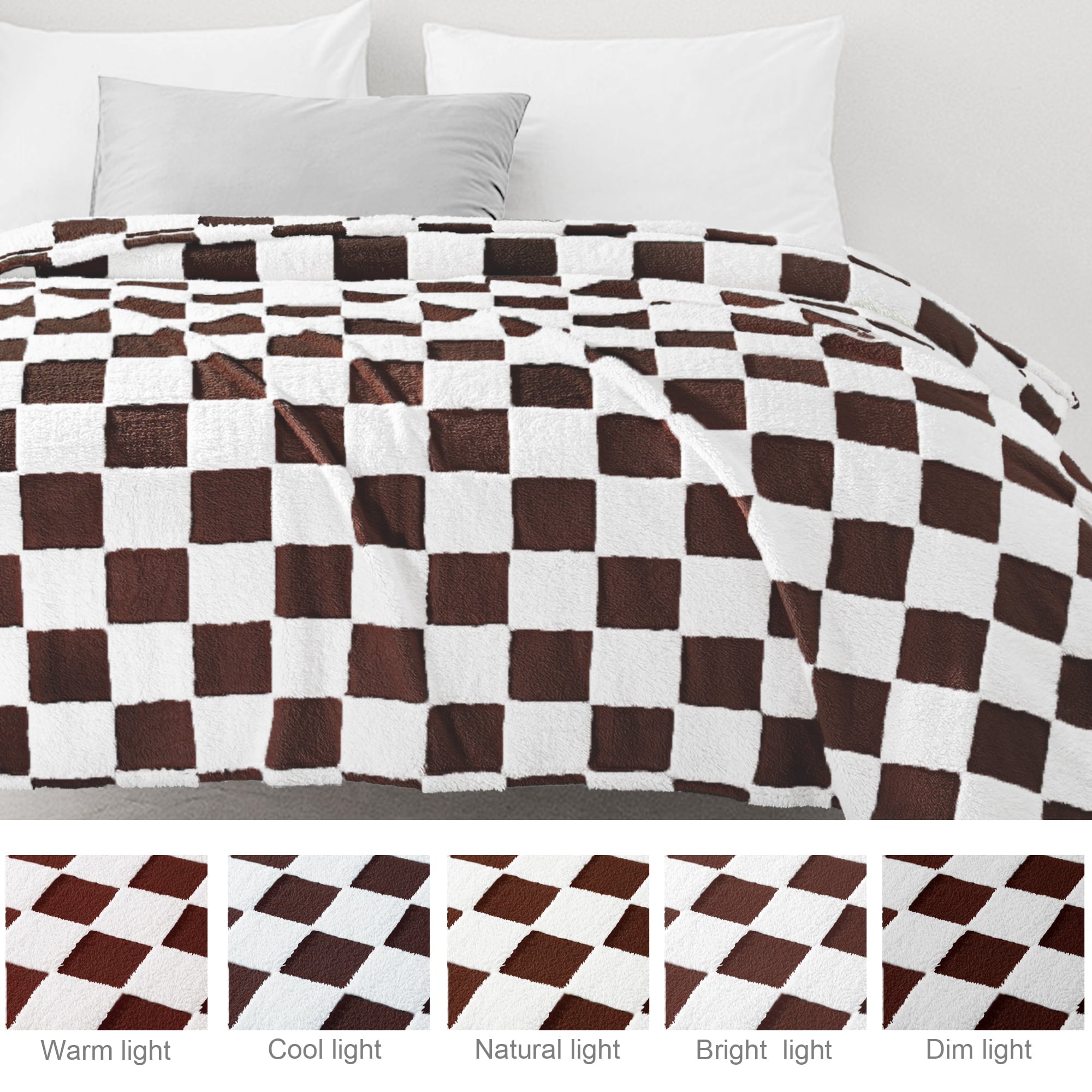 Decorative Knitted Checkered Throw Blanket, Super Soft and Warm Fluffy Fleece Blanket for Couch, Sofa, Bed, Cute Plaid Pattern, Coffee, ... - Lightweight Plush Warm Blanket for All Seasons Detail