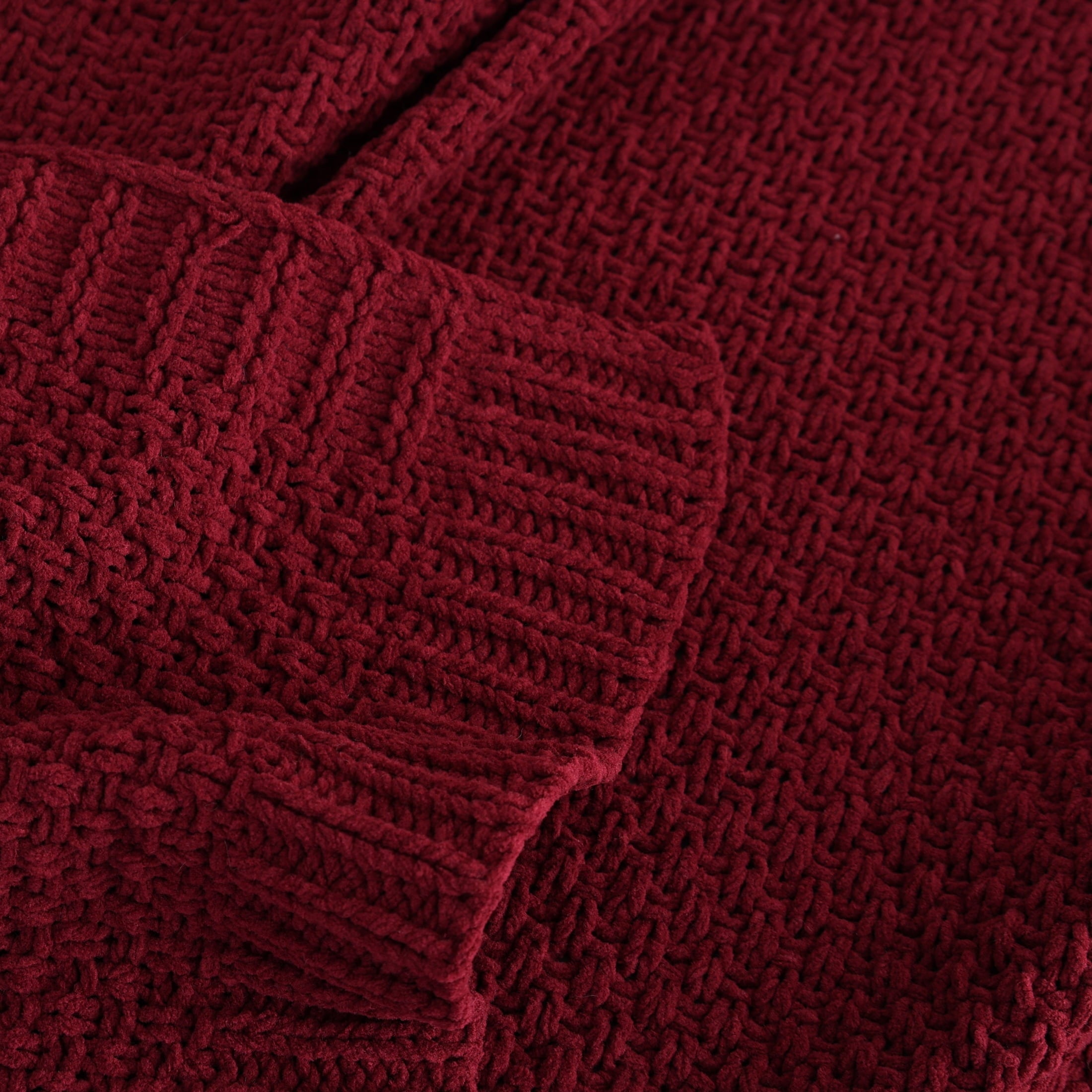 Cozy Fleece Chenille Knit Super Soft Oversized Throw Blanket, Merlot Wine - Luxury Knitted Decorative Throw Blanket with Fringes Detail