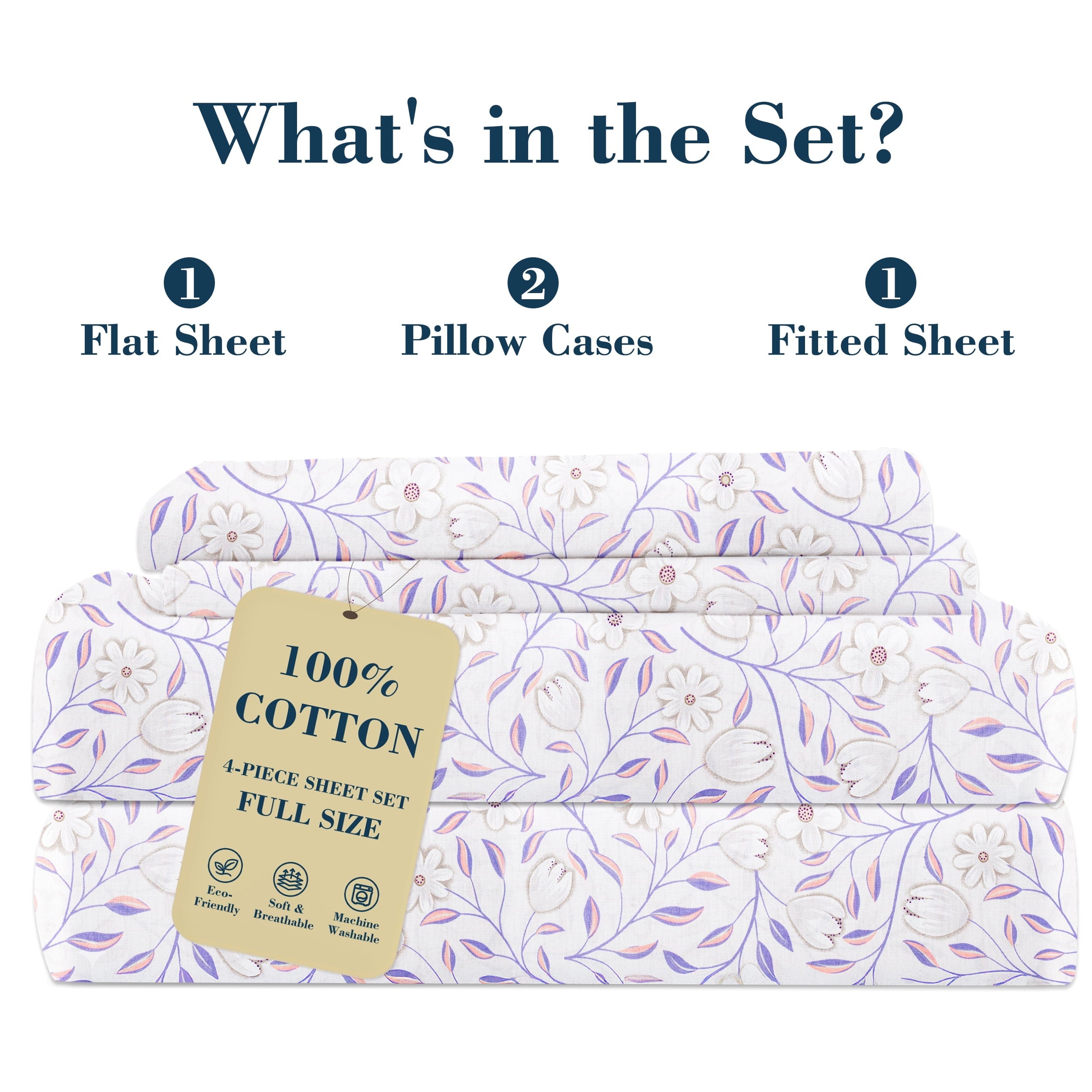 Ultra-Soft 100% Cotton Full Size Sheets,4 Piece Pure Percale Bed Sheets Set Deep Pocket Fits Mattress Upto 15",floral vine pattern - Cooling Hotel Quality Bedding Sheets and Pillowcases Detail