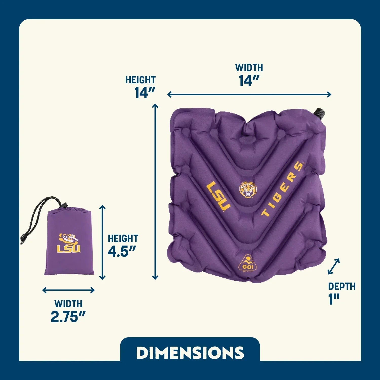 Secure-Hook College V Seat Inflatable Stadium Cushion - LSU Tigers - Choice 762 - Lightweight Folding Bleacher Chair with Cushioning Detail