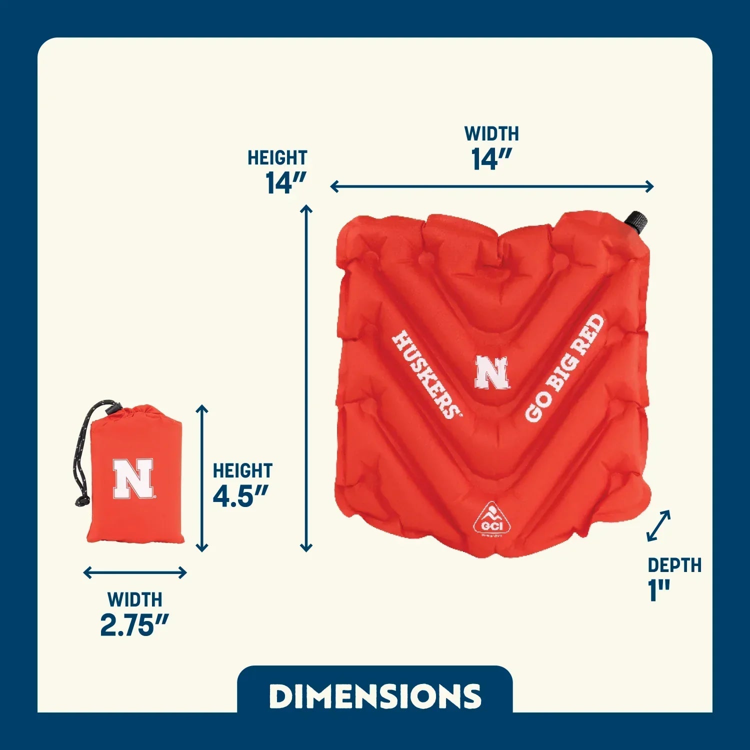 Secure-Hook College V Seat Inflatable Stadium Cushion - Nebraska Cornhuskers - Choice 277 - Lightweight Folding Bleacher Chair with Cushioning Detail