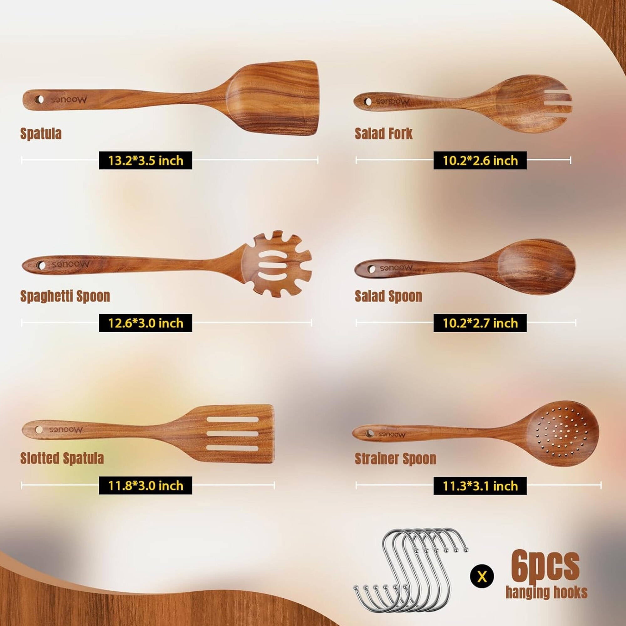Premium Silicone 6-Piece Natural Teak Wooden Spoons for Cooking With 10 Hooks，Handcrafted Kitchen Utensils Set ，Ideal Gift Set - Premium Stainless Steel Cooking Utensil for Non-Stick Pots Detail