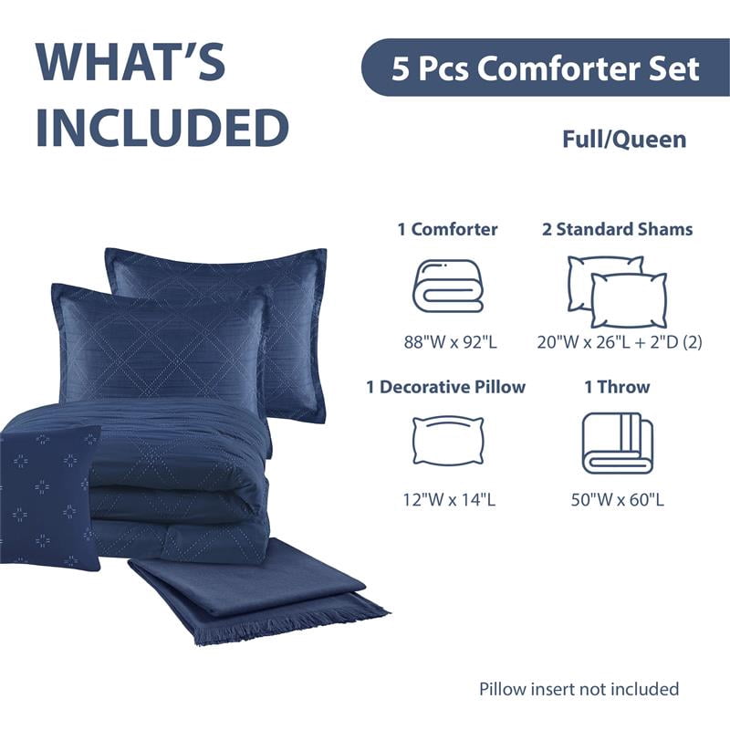 Heavyweight Warmth 5-Piece Reversible Comforter Set Navy Cross Stitch Bedding with Decor Pillow and Throw, Full/Queen - Luxurious Quilted Duvet Cover Set Detail