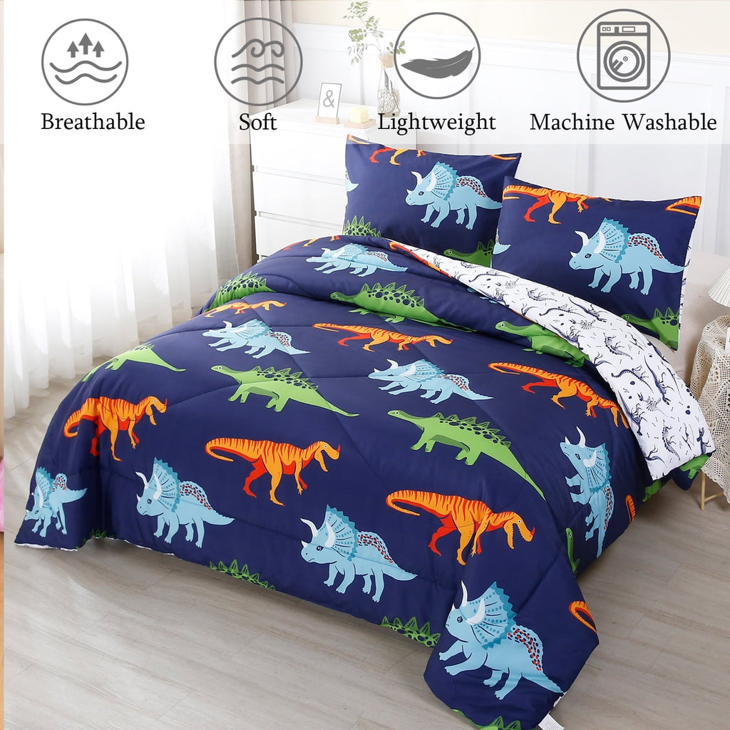 Heavyweight Warmth 3 Pcs Dinosaur Twin Size Bedding Sets for Boys, Dinosaur Printing Boys Comforter Set, Blue and White Reversible Bed C... - Cloud-Like Soft Lightweight Bed Comforter Detail