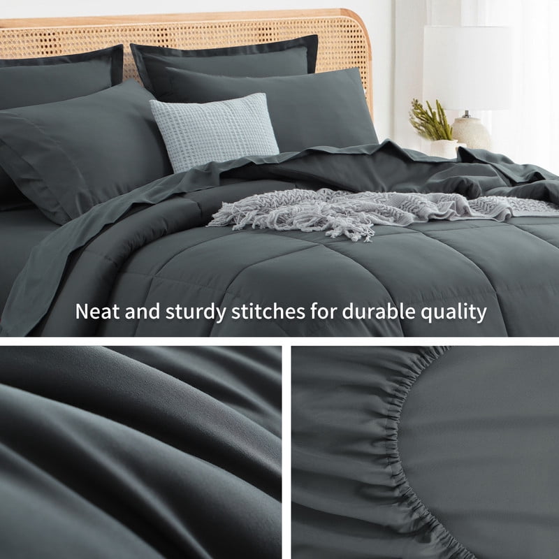 All-Season 7 Pieces Comforter Set with Sheets - Bed in a Bag with Comforter and All Season Sheets, Pillowcases,Dark Gray,Queen - Cloud-Like Soft Lightweight Bed Comforter Detail
