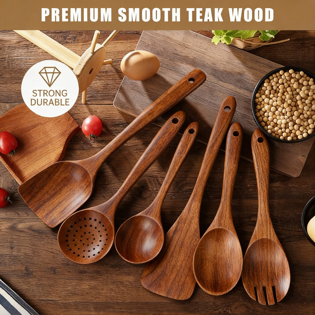 Premium Silicone Wooden Spoons for Cooking, 6 PCS Teak Wood Cooking Utensil Set, Wooden Kitchen Utensils for Nonstick Pans & Cookware,... - Durable Turner & Ladle Utensil Set for Home Chefs Detail