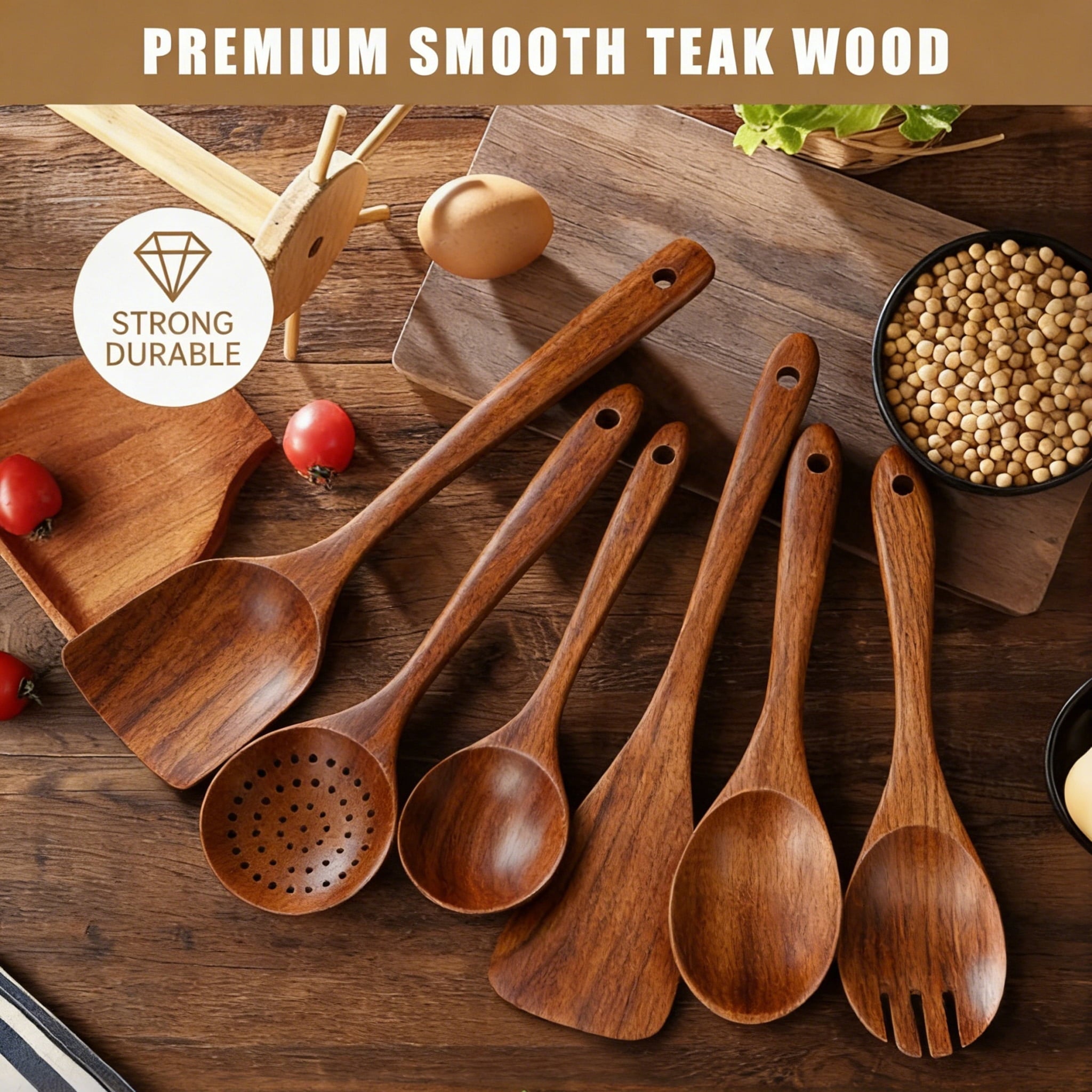 Premium Silicone Wooden Spoons for Cooking, 6 PCS Teak Wood Cooking Utensil Set, Wooden Kitchen Utensils for Nonstick Pans & Cookware,... - Durable Turner & Ladle Utensil Set for Home Chefs Detail