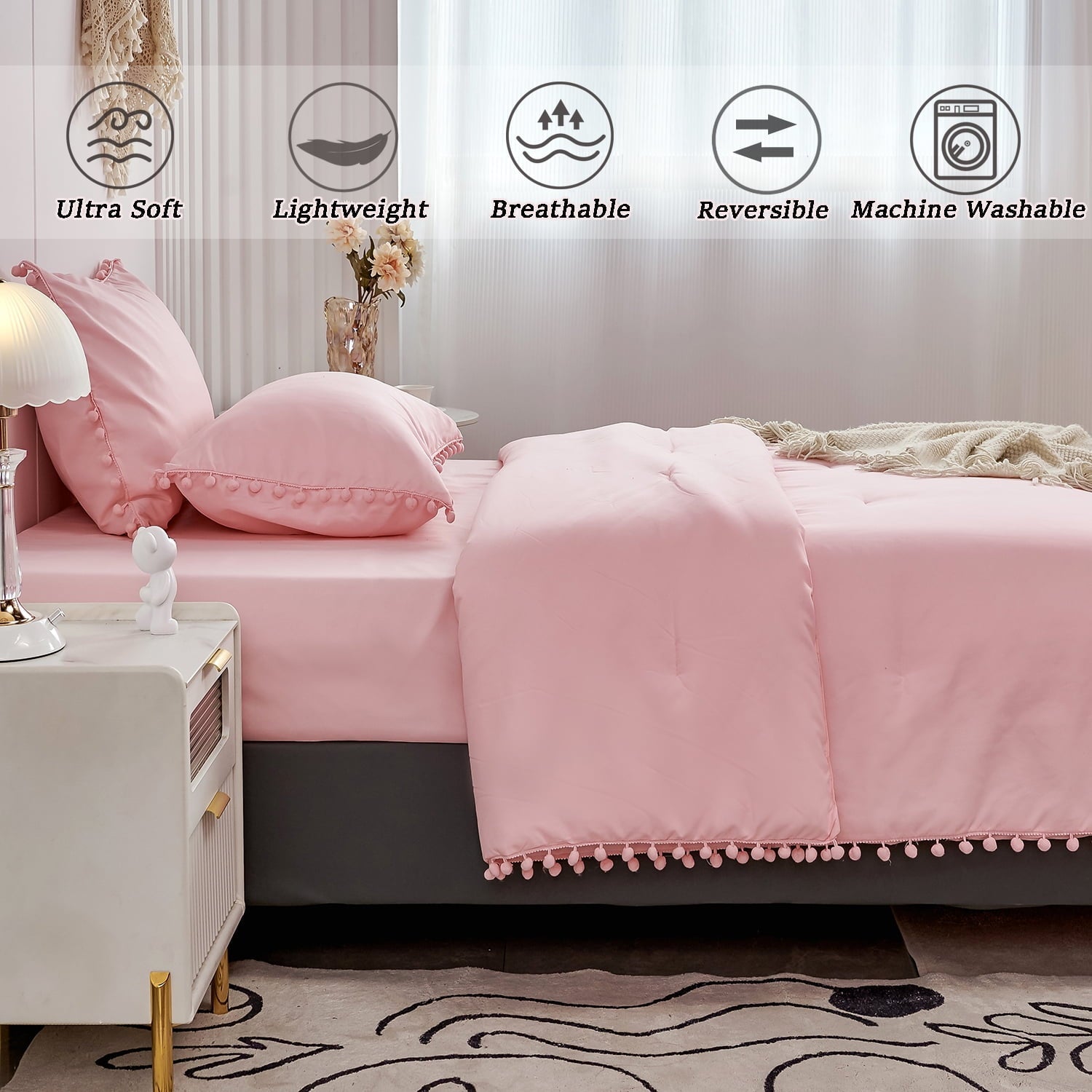 Luxurious Quilted Pink Full Size Comforter Set Pom Fringe 3 Pcs Boho Chic Cute Ball Pom Blush Bedding Set Cali Soft Lightweight Solid B... - Hypoallergenic Ultra-Fluffy Quilt for Winter Detail