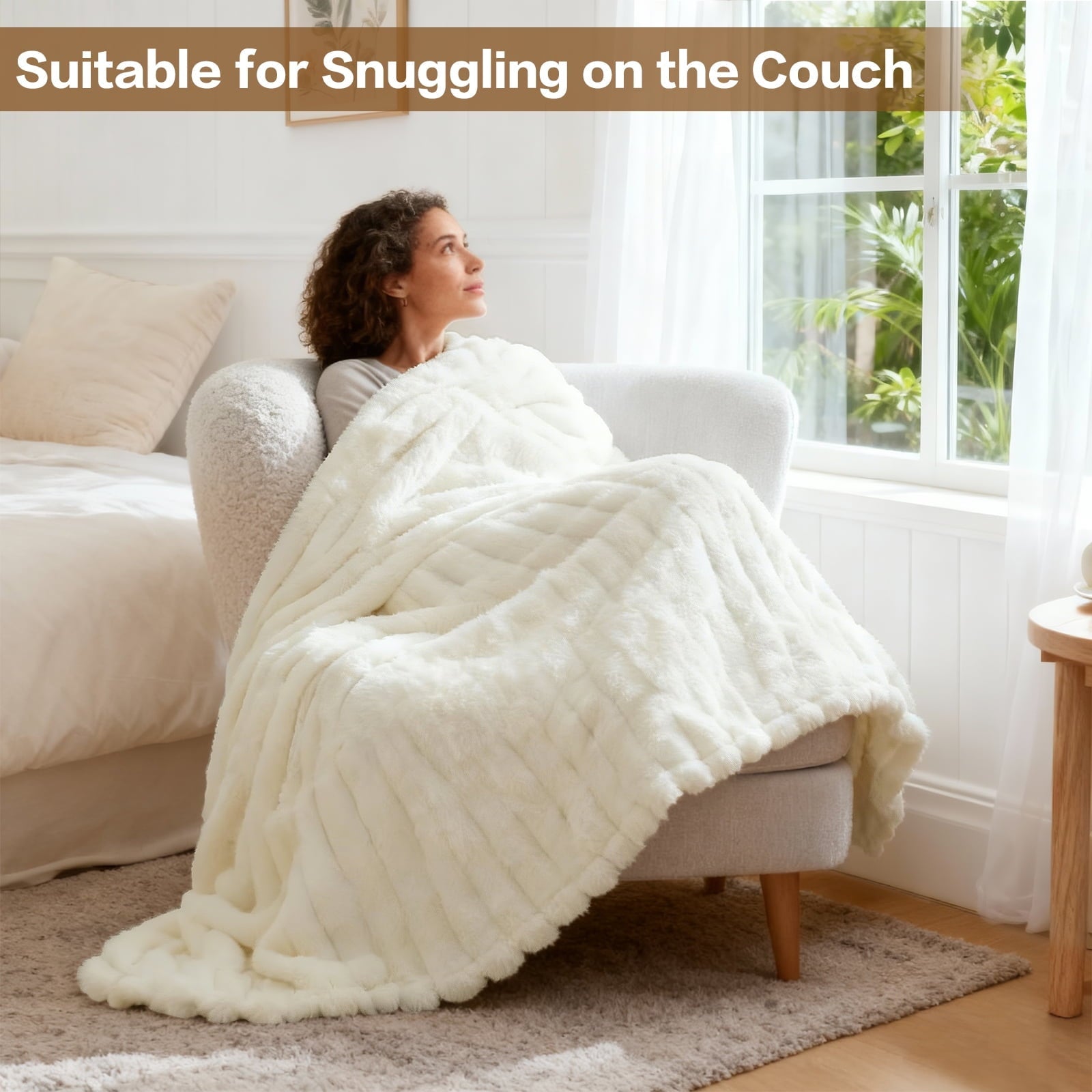 Reversible Sherpa White Fleece Throw Blanket for Couch, Super Soft Cozy Blankets and Throws, Decorative Fleece Blankets for Women Men G... - Luxury Knitted Decorative Throw Blanket with Fringes Detail