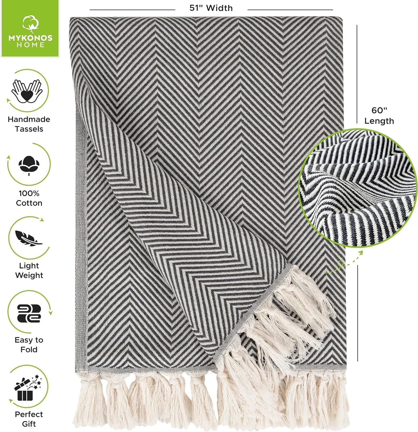 Cozy Fleece Turkish Cotton Throw Blanket & Beach Towel, 60"x70" Boho Decorative Blanket for Couch, Bed, Sofa & Outdoor, Lightweig... - Cozy Fleece Throw Blanket for Couch & Bed Detail
