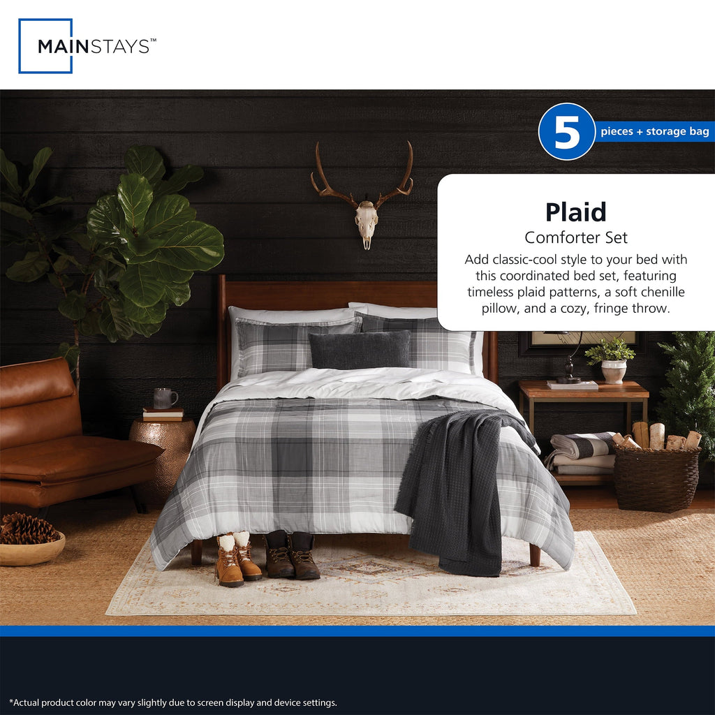 All-Season Full/Queen Comforter Set, All-Season, 5-Piece, Grey Plaid - Cloud-Like Soft Lightweight Bed Comforter Detail