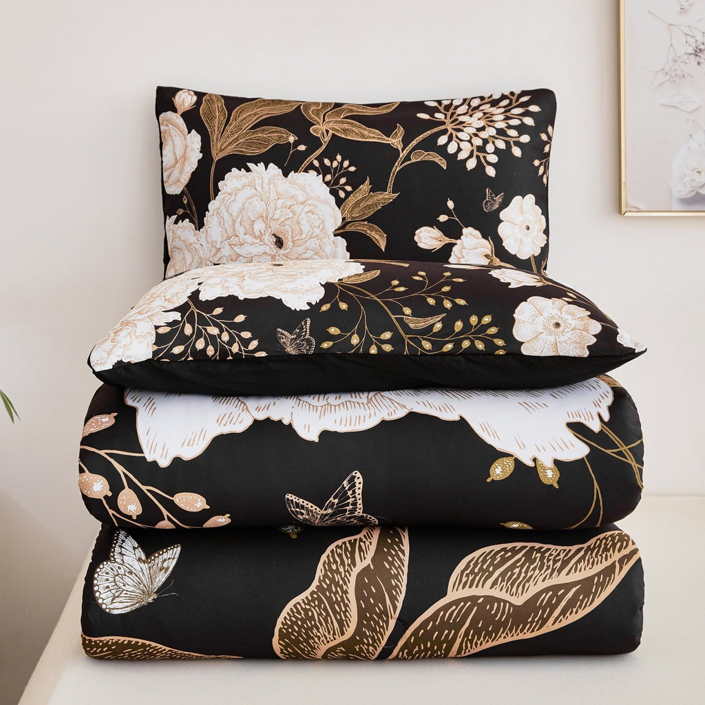 Hypoallergenic Cloud Black Floral Comforter Set Queen, Printed Comforter White Flowers Butterfly Bedding Set, 3 Pieces Botanical Reversibl... - Hypoallergenic Ultra-Fluffy Quilt for Winter Detail