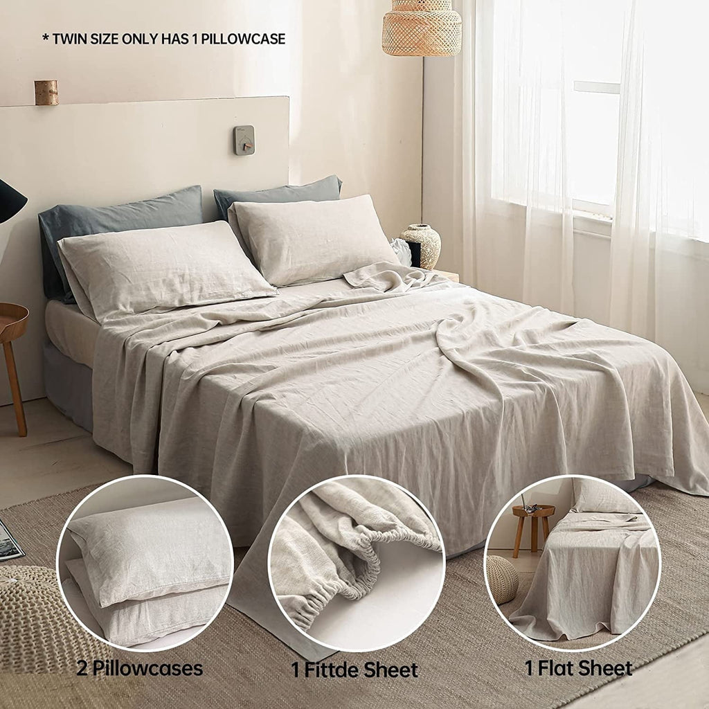 Premium Egyptian Cotton 100% Linen Sheet Set Solid Color-4 Pcs Washed French Linen Bed Sheets(1 Flat Sheet,1 Fitted Sheet,2 Pillowcases)-Brea... - Cooling Hotel Quality Bedding Sheets and Pillowcases Detail