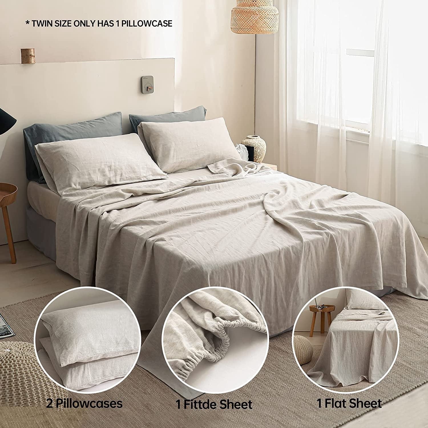 Premium Egyptian Cotton 100% Linen Sheet Set Solid Color-4 Pcs Washed French Linen Bed Sheets(1 Flat Sheet,1 Fitted Sheet,2 Pillowcases)-Brea... - Cooling Hotel Quality Bedding Sheets and Pillowcases Detail