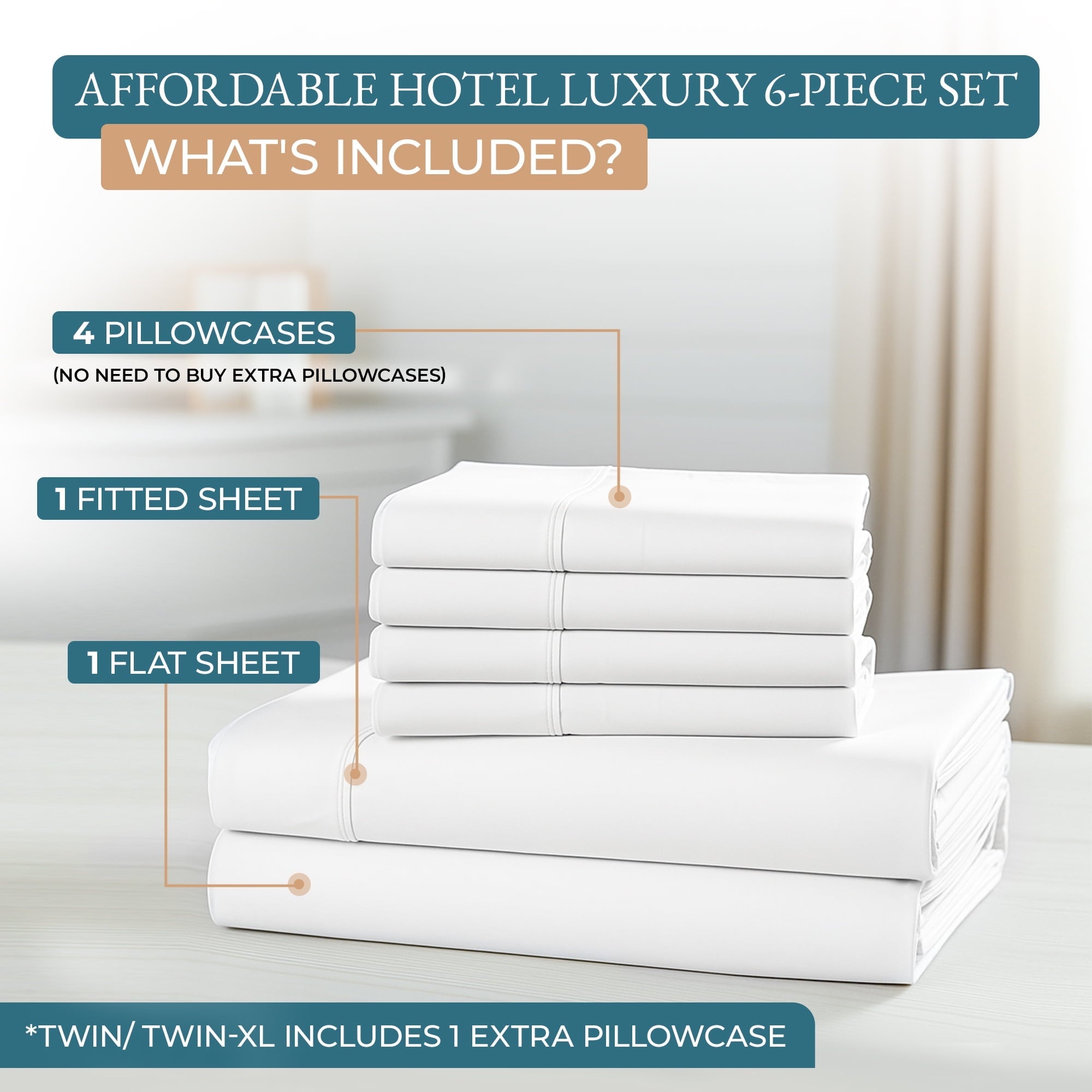 Premium Egyptian Cotton Bed Sheets Set – 6 Piece, 600 Thread Count, 100% Cotton Sheets, Hotel Luxury Sateen Finish, 15" Deep Pocket, Easy to ... - Breathable Egyptian Cotton Flat & Fitted Sheets Detail