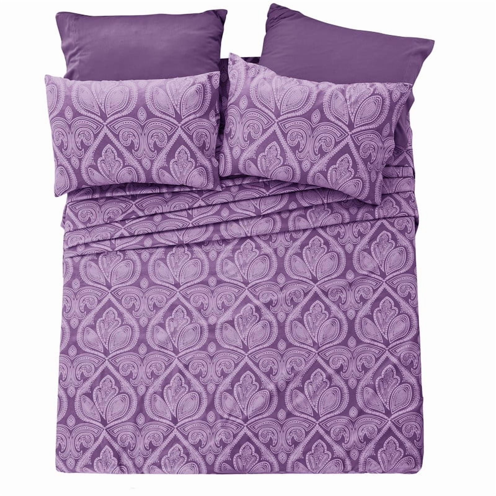 Breathable Luxury Paisley Printed Queen Bed Sheets Set, Microfiber 6 Piece Bedding Set - Purple - Premium Ultra-Soft Pillowcase Pair for Sleeping Detail