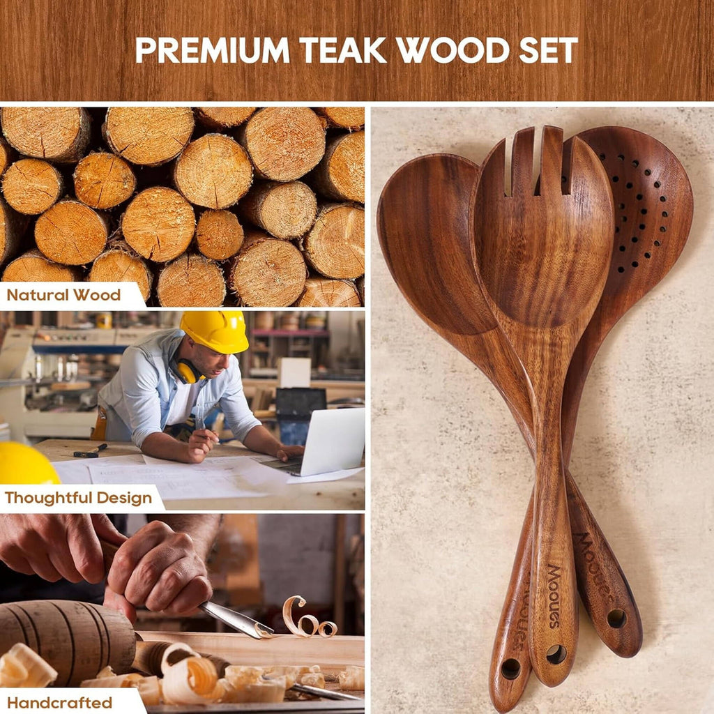 Premium Silicone 6-Piece Natural Teak Wooden Spoons for Cooking With 10 Hooks，Handcrafted Kitchen Utensils Set ，Ideal Gift Set - Premium Stainless Steel Cooking Utensil for Non-Stick Pots Detail