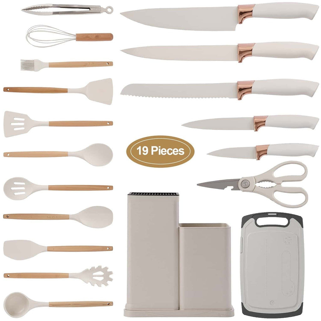 Premium Silicone Kitchen Utensils Set for Cooking, 11 Cooking Utensils, 6 Knife set Beige,3 Utensil Sets,utensilios de cocina - Heat-Resistant Silicone Cooking Spatula Turner - Default Title