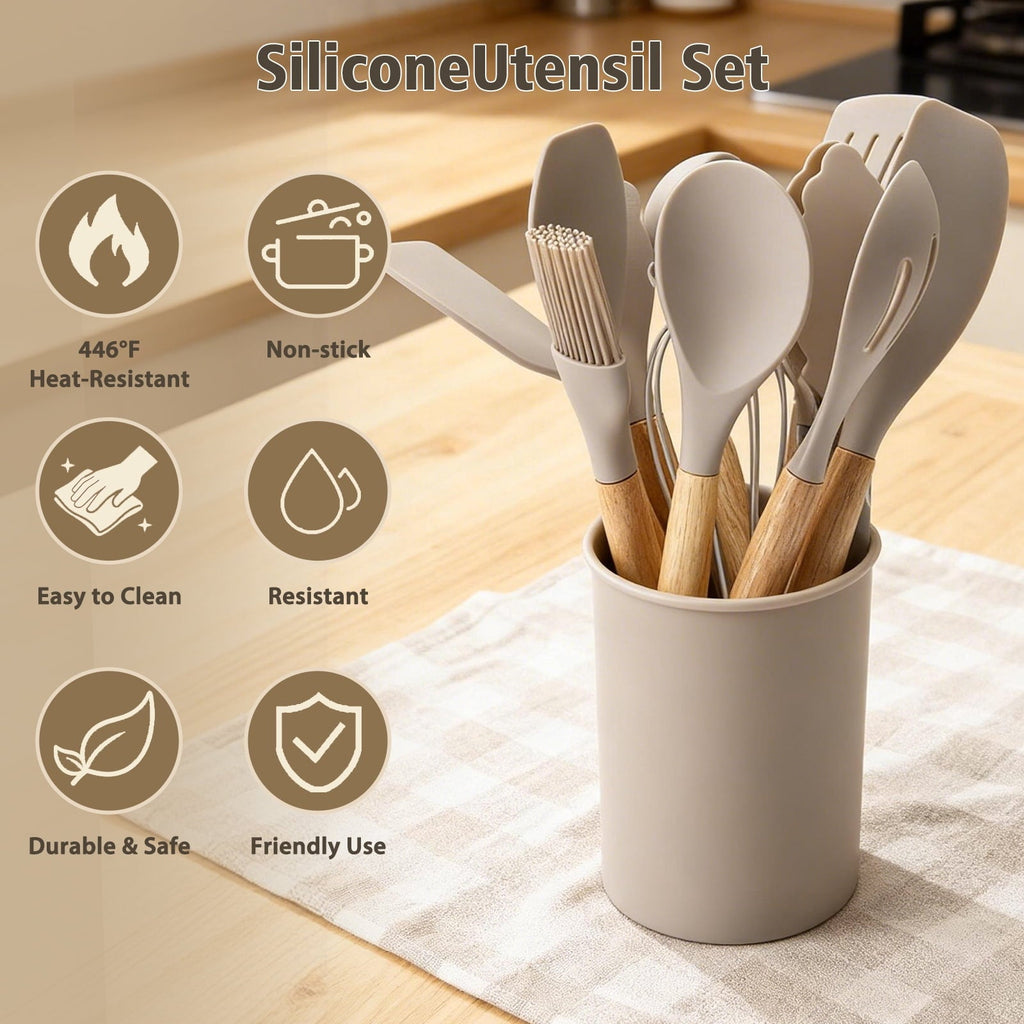 Heat-Resistant Silicone Cooking Utensils Set, Heat Resistant Kitchen Tools, 36 PCS Non-Stick Silicone Cooking Kitchen Utensils, Khaki - Premium Stainless Steel Cooking Utensil for Non-Stick Pots Detail