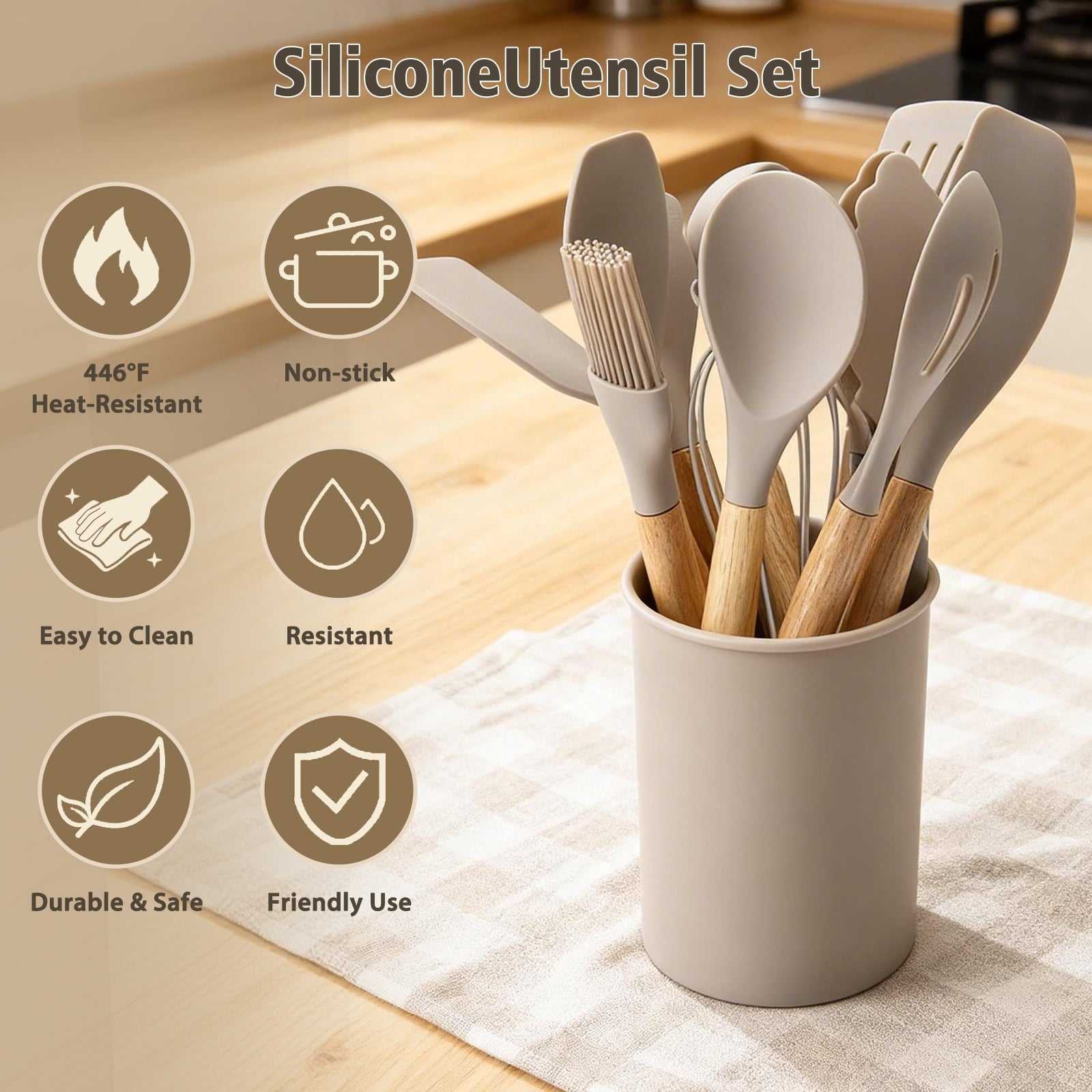 Heat-Resistant Silicone Cooking Utensils Set, Heat Resistant Kitchen Tools, 36 PCS Non-Stick Silicone Cooking Kitchen Utensils, Khaki - Premium Stainless Steel Cooking Utensil for Non-Stick Pots Detail