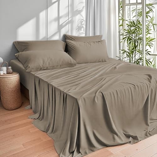 Cooling Sateen Home 4-Piece Queen Bamboo Bed Sheet Set, 100% Organic Cooling Fabric, 16" Deep Pocket, Taupe - Luxury Bed Sheet Set with Deep Pockets Detail