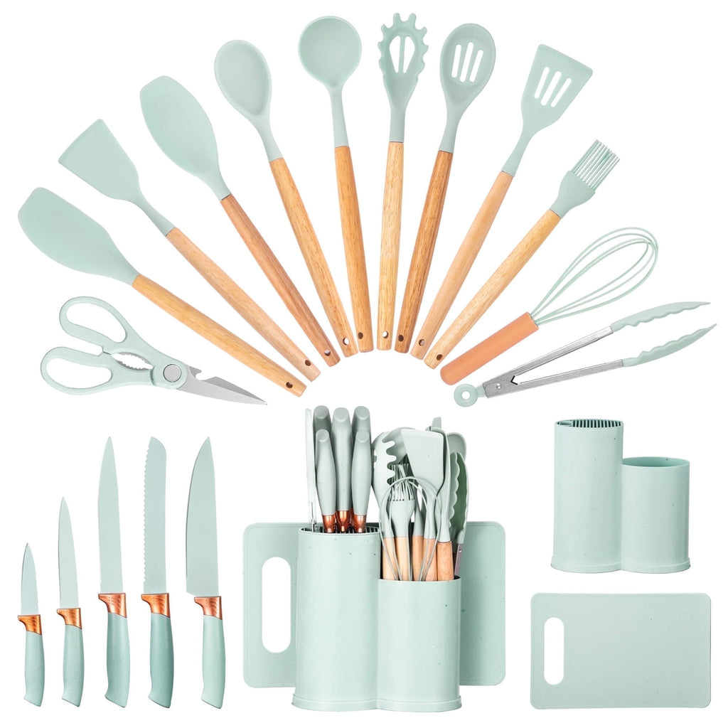 Seamless One-Piece 19pcs Silicone Kitchen Utensil Set, Heat-Resistant Non-Stick Easy Cooking Cleaning Home Light-Green - Ergonomic Kitchen Tongs and Cooking Spoon Utensil - Default Title
