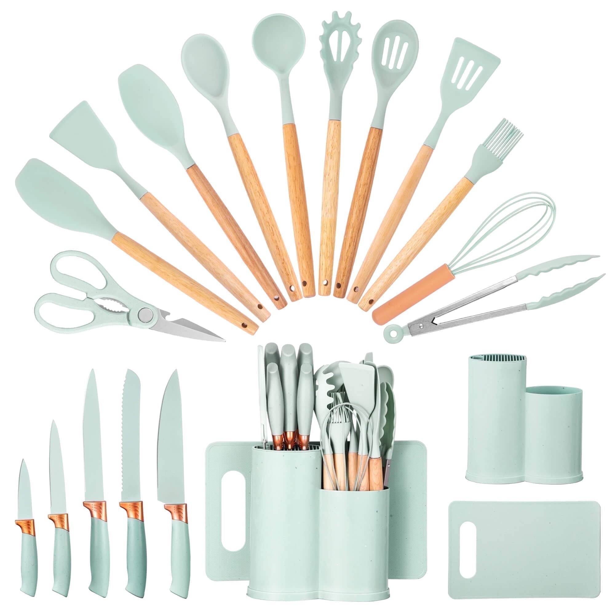 Seamless One-Piece 19pcs Silicone Kitchen Utensil Set, Heat-Resistant Non-Stick Easy Cooking Cleaning Home Light-Green - Ergonomic Kitchen Tongs and Cooking Spoon Utensil - Default Title