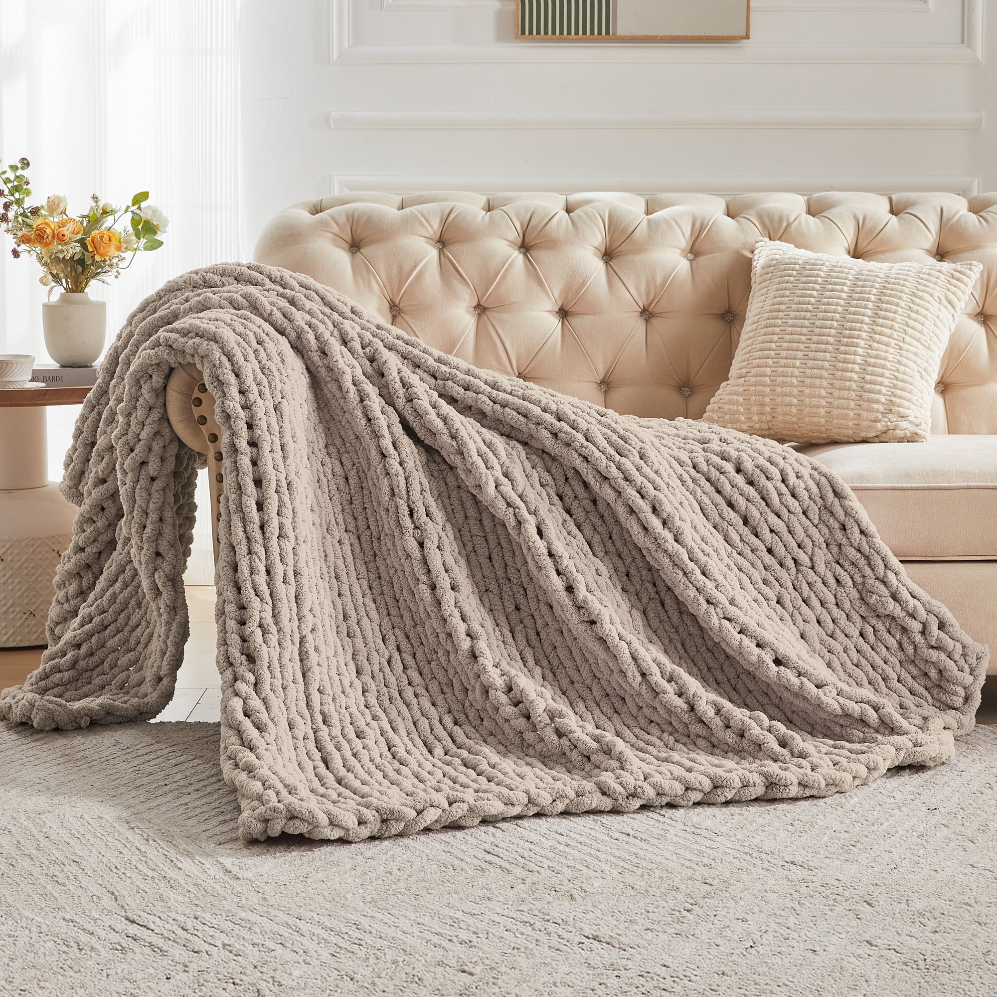 Cozy Fleece Chunky Knit Throw Blanket Handmade Soft Throws for Couch Sofa Bed, 50" x 60" Taupe - Cozy Fleece Throw Blanket for Couch & Bed Detail