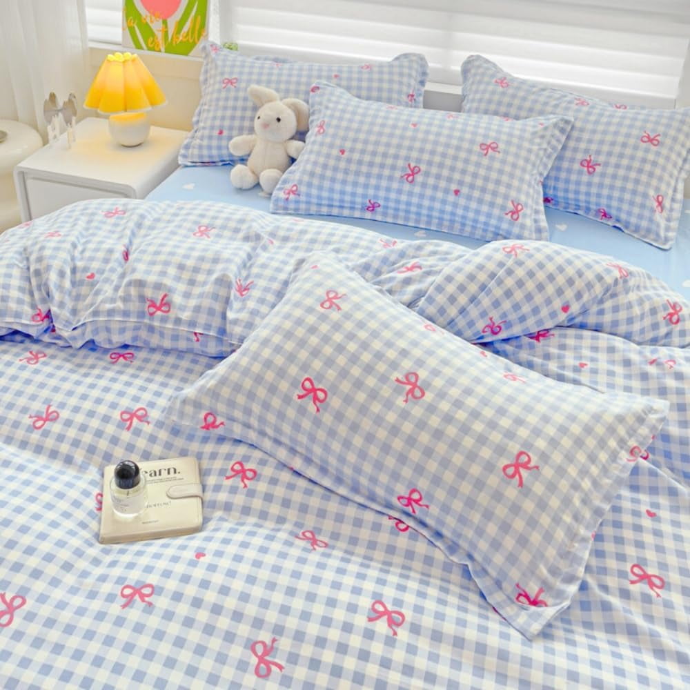 Heavyweight Warmth 3-Piece Blue Plaid Pink Bows Comforter Full Set , Cute Soft Bedding Set for Kids Adults - Hypoallergenic Ultra-Fluffy Quilt for Winter Detail
