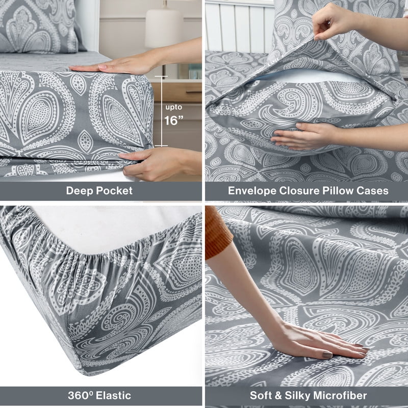 Ultra-Soft Lux Decor 4 Piece Queen Sheet Set, Brushed Microfiber Paisley Printed Bed Sheet Set with up to 16" Deep Pocket Fitted... - Premium Ultra-Soft Pillowcase Pair for Sleeping Detail