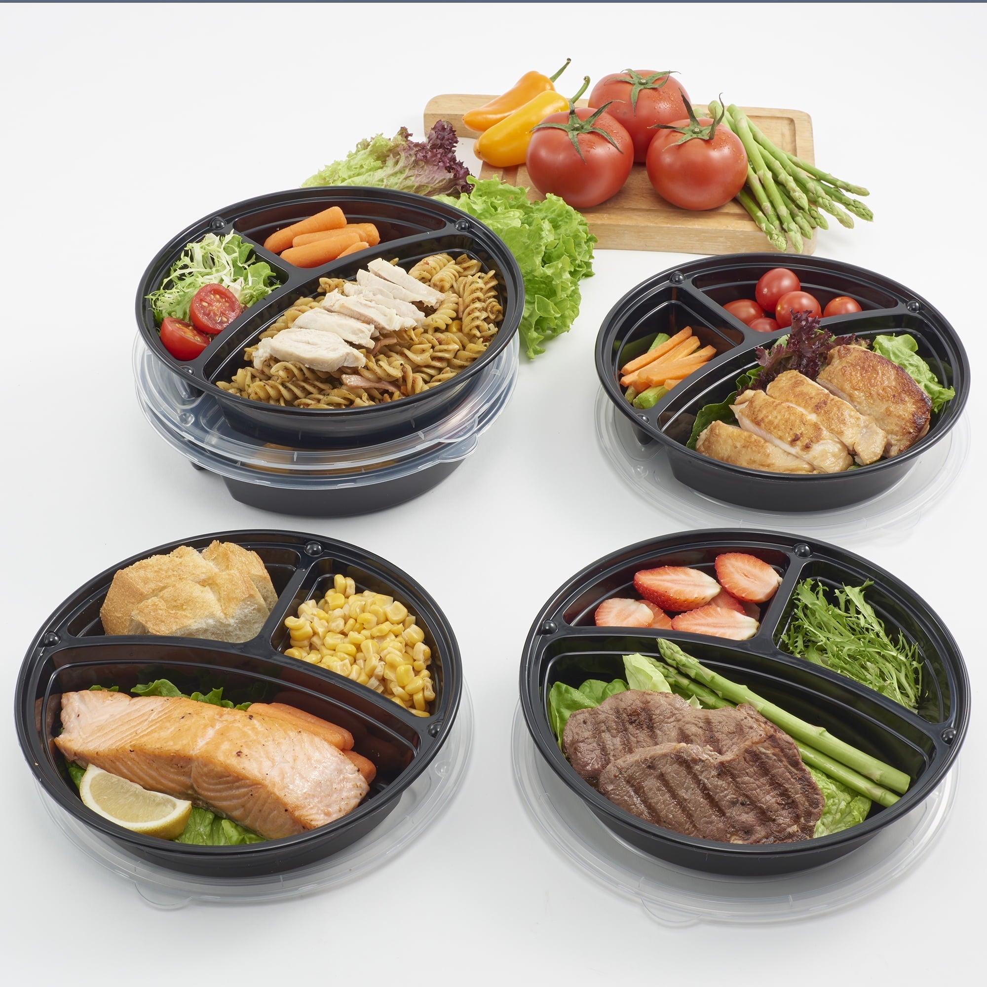 Whimsical Doughnut 5-Pack Round Meal Prep Containers with 3 Compartments and Lids, 1L, BPA-Free, Microwave & Dishwasher Safe, Made for F... - Playful Star & Heart Shaped Geometric NeeDoh Detail